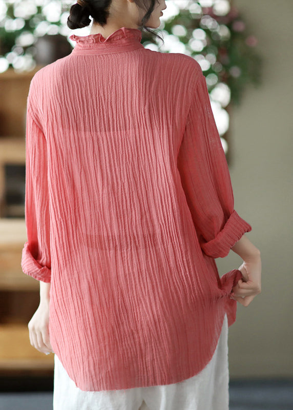 Pink Stand Collar Wrinkled Button Linen Shirt Long Sleeve