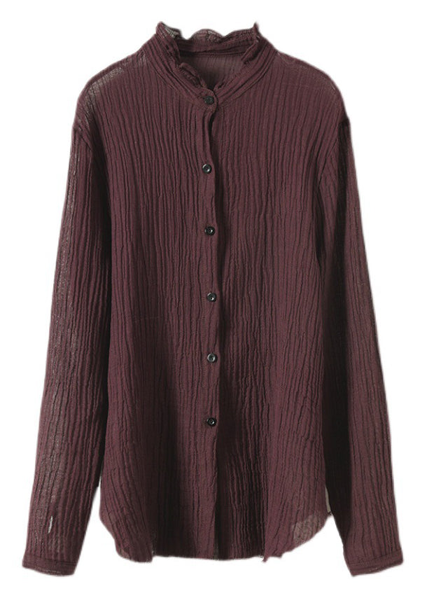 Pink Stand Collar Wrinkled Button Linen Shirt Long Sleeve