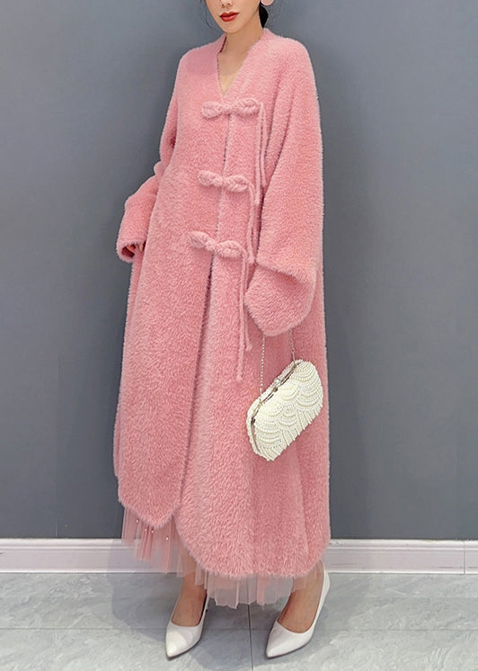 Pink V Neck Button Woolen Trench Coat Long Sleeve