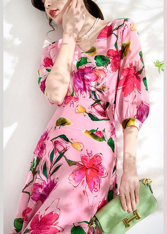 Pink V Neck Print Tunic Chiffon Long Dresses Summer
