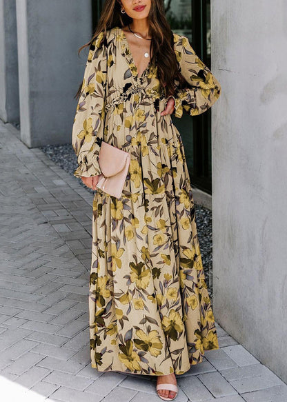 Pink V Neck Ruffled Print Chiffon Long Dress Spring