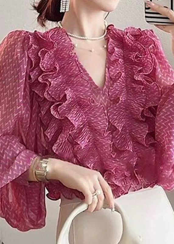 Beautiful Pink V Neck Ruffled Print Chiffon Shirt Spring