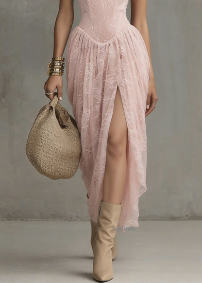 Pink V Neck Side Open Lace Spaghetti Strap Dress Sleeveless