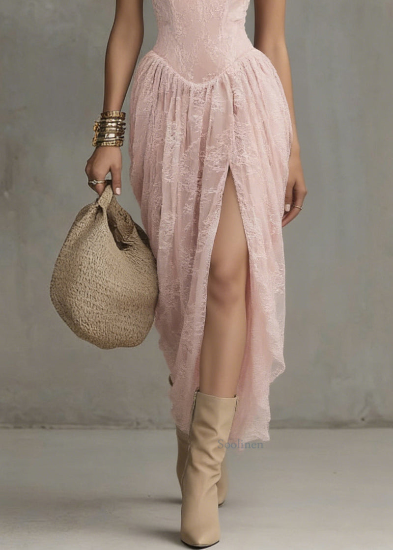 Pink V Neck Side Open Lace Spaghetti Strap Dress Sleeveless