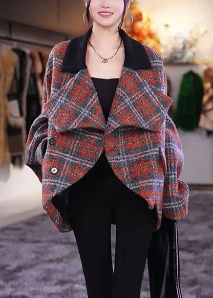 Plaid Peter Pan Collar Pockets Woolen Coats Long Sleeve