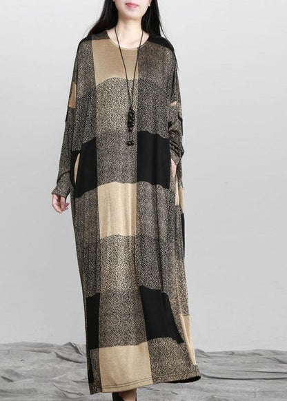 Plaid Pockets Long Sleeve Maxi Dresses Fall
