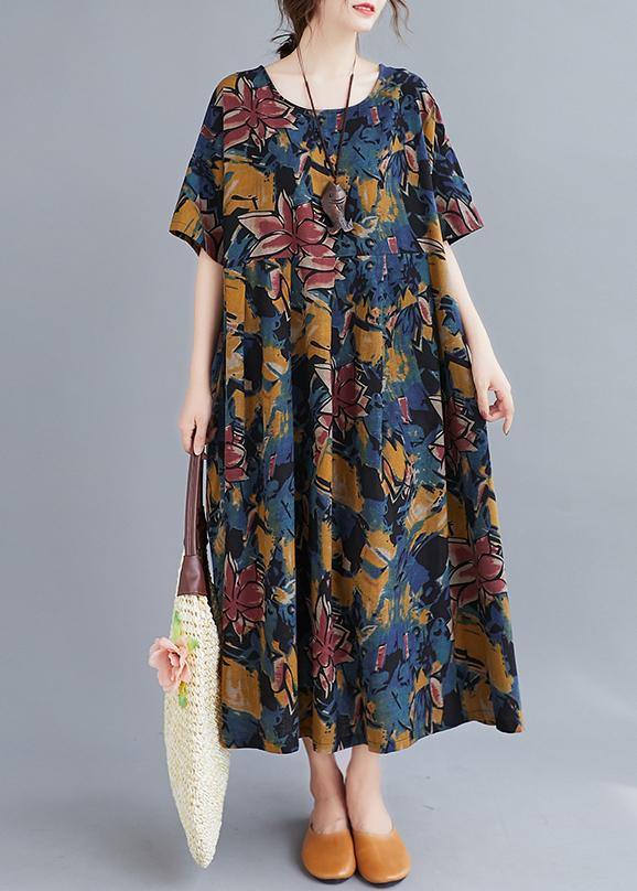 Plant Printing O Neck Cinched Dresses Summer Dress