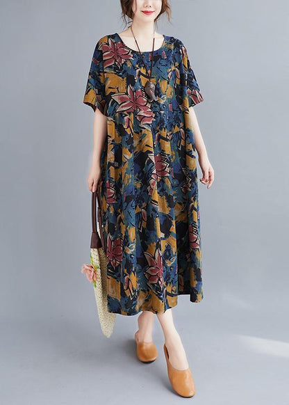 Plant Printing O Neck Cinched Dresses Summer Dress