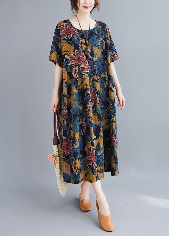 Plant Printing O Neck Cinched Dresses Summer Dress