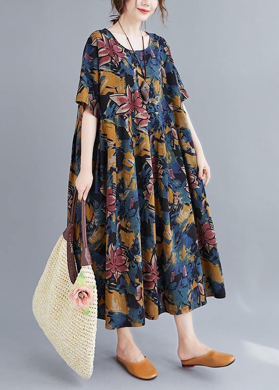 Plant Printing O Neck Cinched Dresses Summer Dress