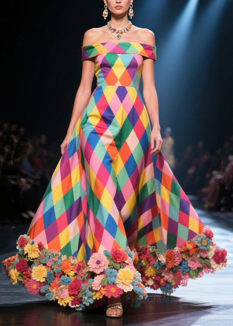 Polychrome Plaid Three-dimensional Flower Silk Strapless Dress Summer