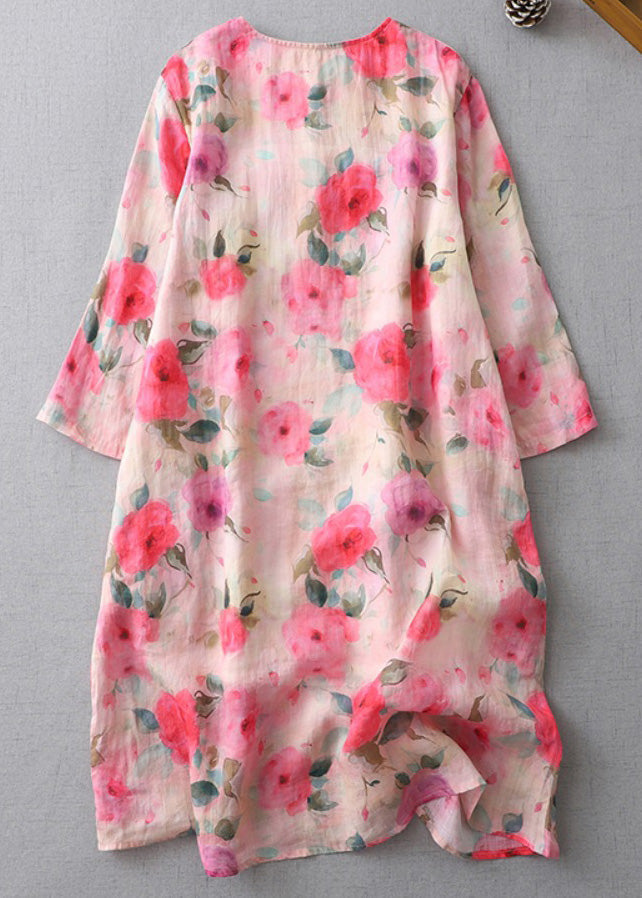 Print O-neck Button Cotton Mid Dress Half Sleeve