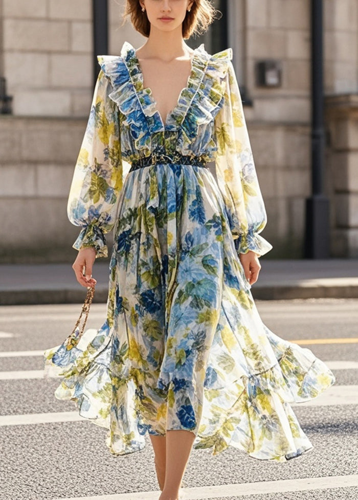 Print Ruffled Silm Fit Chiffon Beach Dress Spring