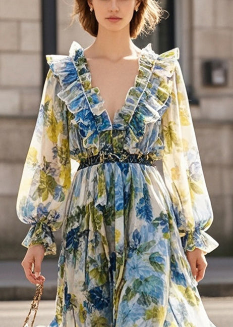 Print Ruffled Silm Fit Chiffon Beach Dress Spring