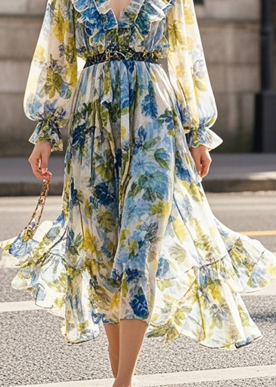 Print Ruffled Silm Fit Chiffon Beach Dress Spring