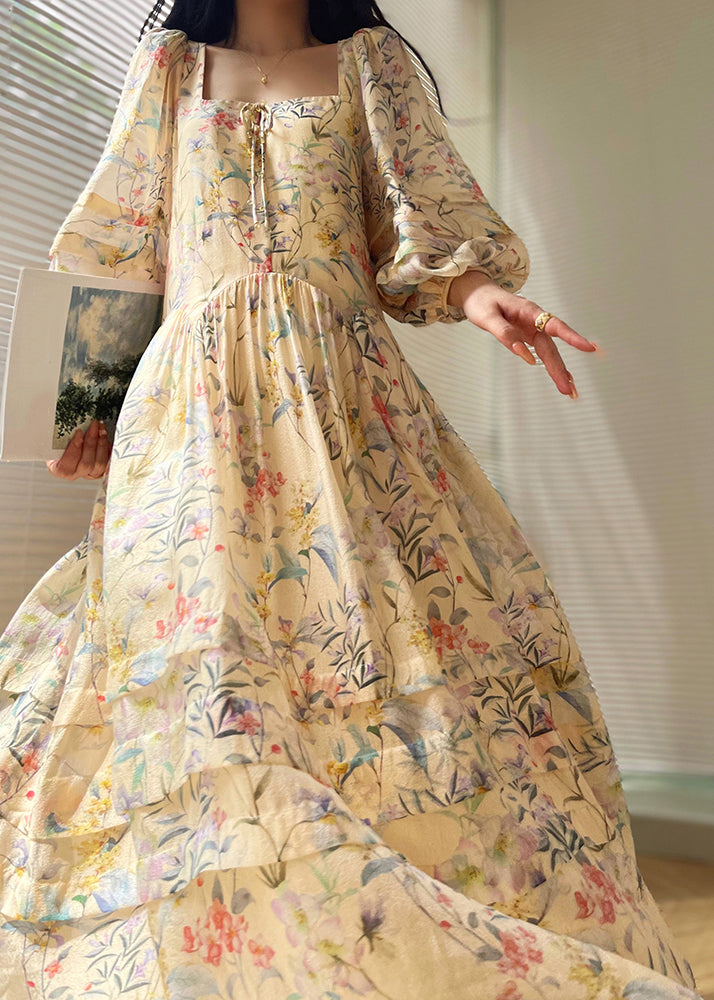Print Square Collar Silk Dresses Lantern Sleeve