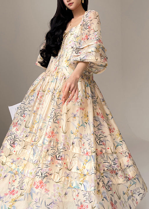 Print Square Collar Silk Dresses Lantern Sleeve