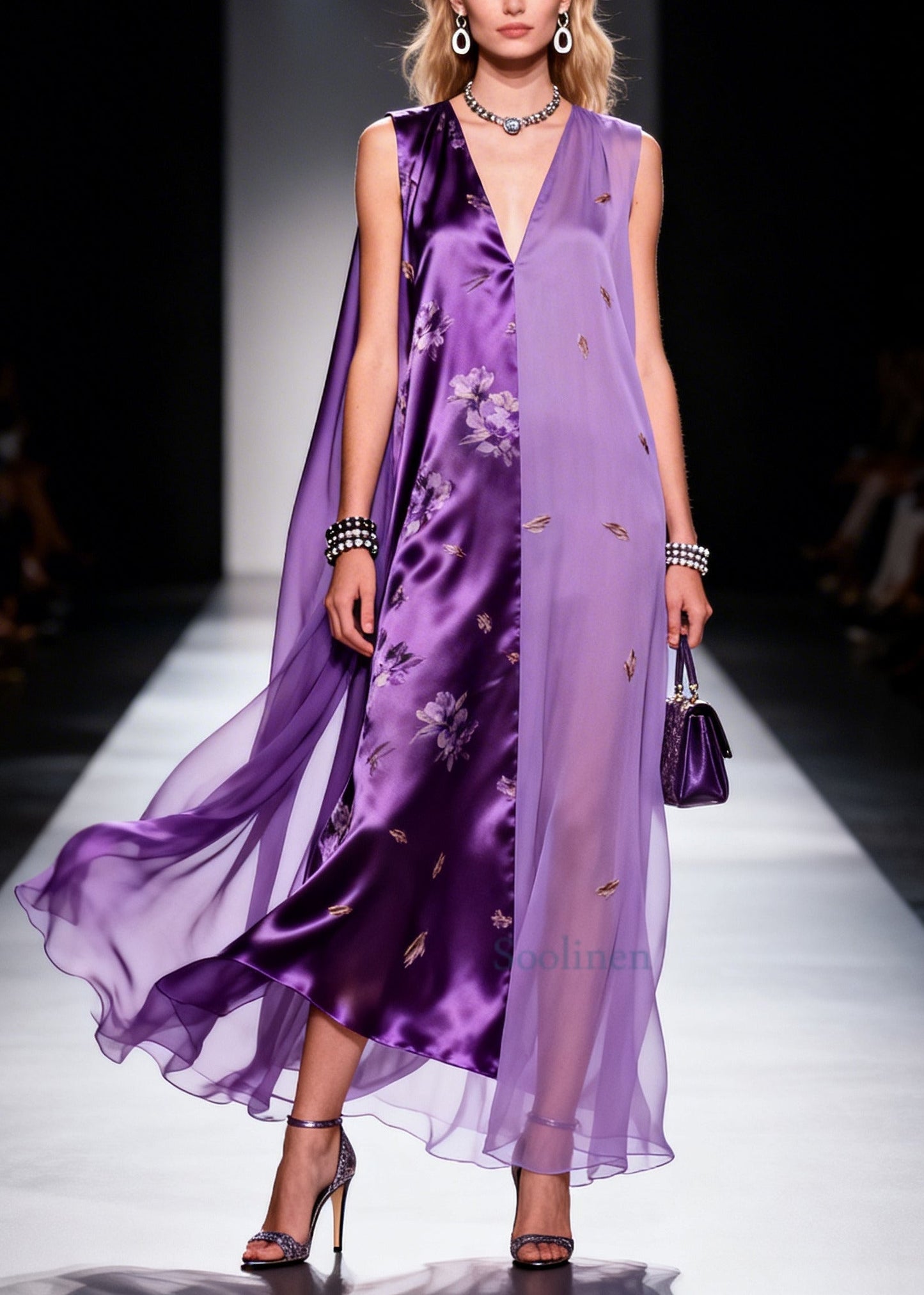 Purple Asymmetrical Patchwork Chiffon Ankle Dress Sleeveless