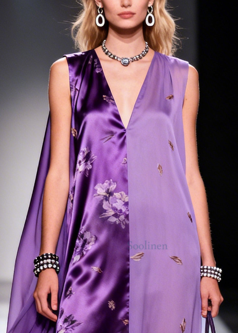 Purple Asymmetrical Patchwork Chiffon Ankle Dress Sleeveless