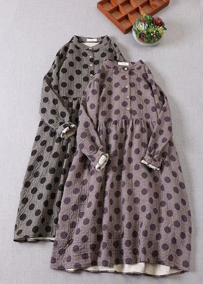 Purple Button Patchwork Pockets Fall Print Party Dress Long Sleeve