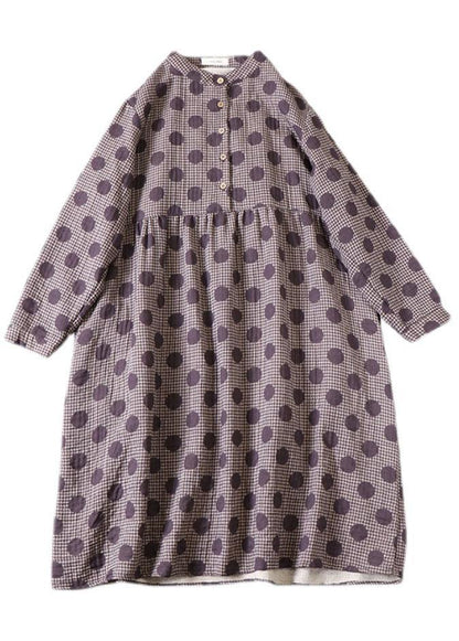 Purple Button Patchwork Pockets Fall Print Party Dress Long Sleeve