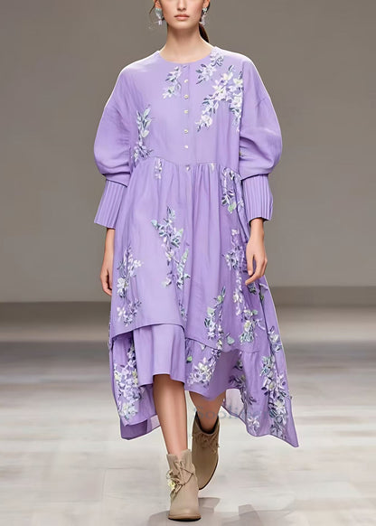 Purple Button Print Cotton Long Dresses Fall