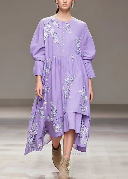 Purple Button Print Cotton Long Dresses Fall