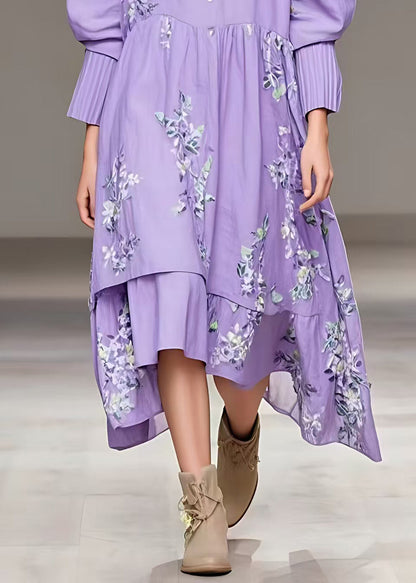 Purple Button Print Cotton Long Dresses Fall