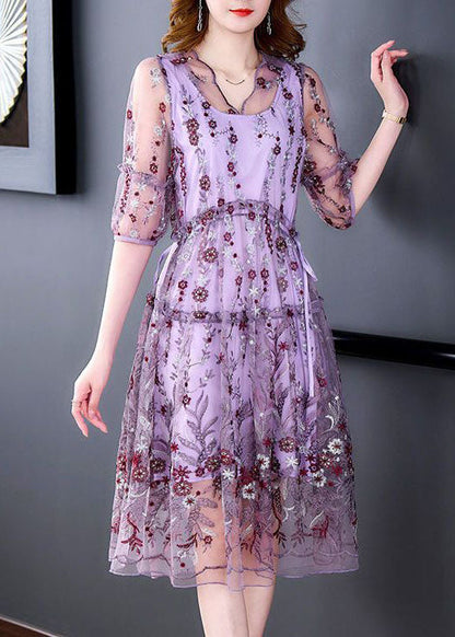 Purple Embroideried Hollow Out Tulle Long Dress Summer