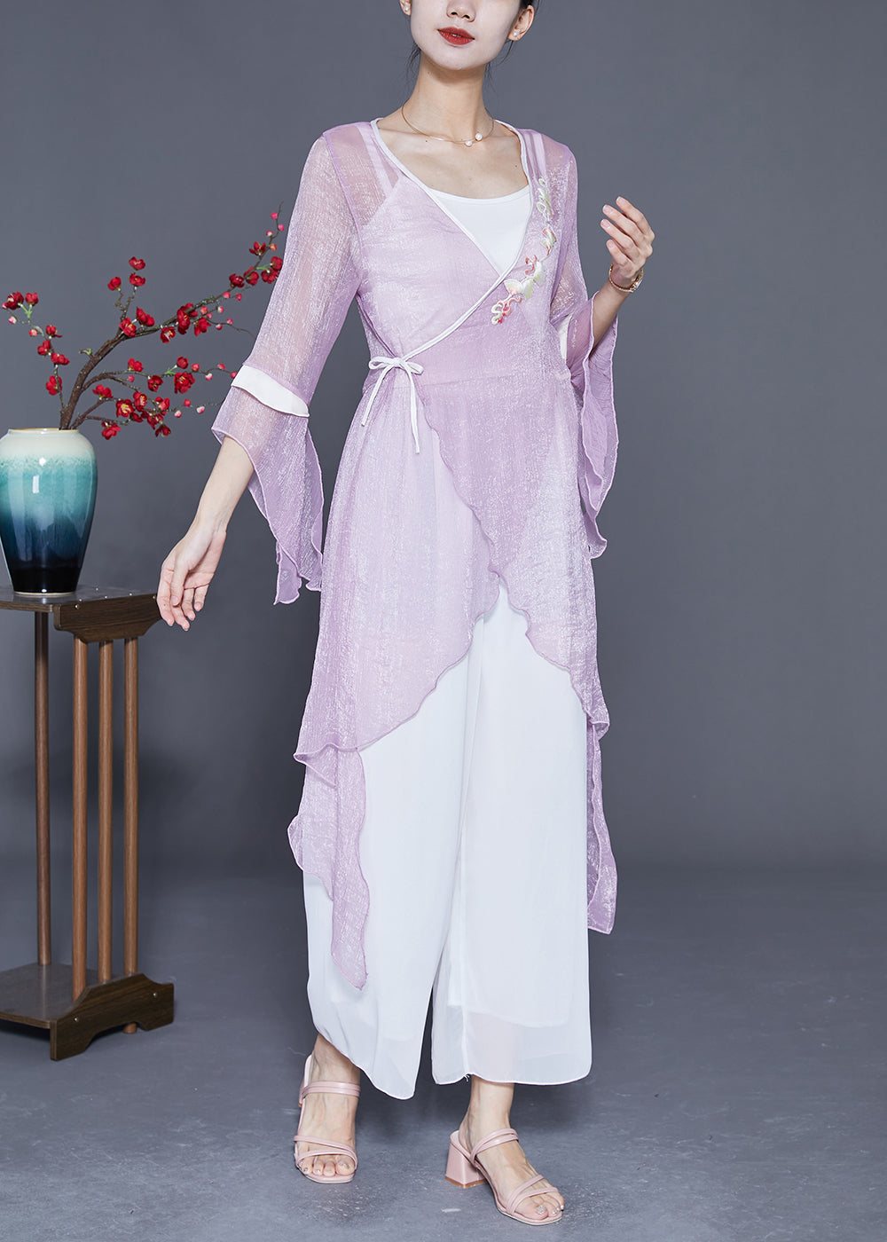 Purple Embroideried Lace Up Asymmetrical Design Tulle Tops Summer
