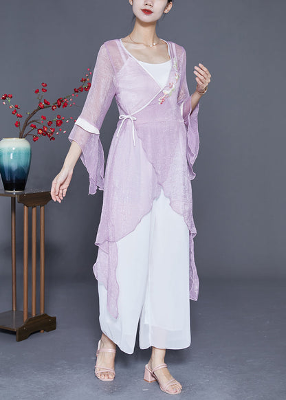 Purple Embroideried Lace Up Asymmetrical Design Tulle Tops Summer