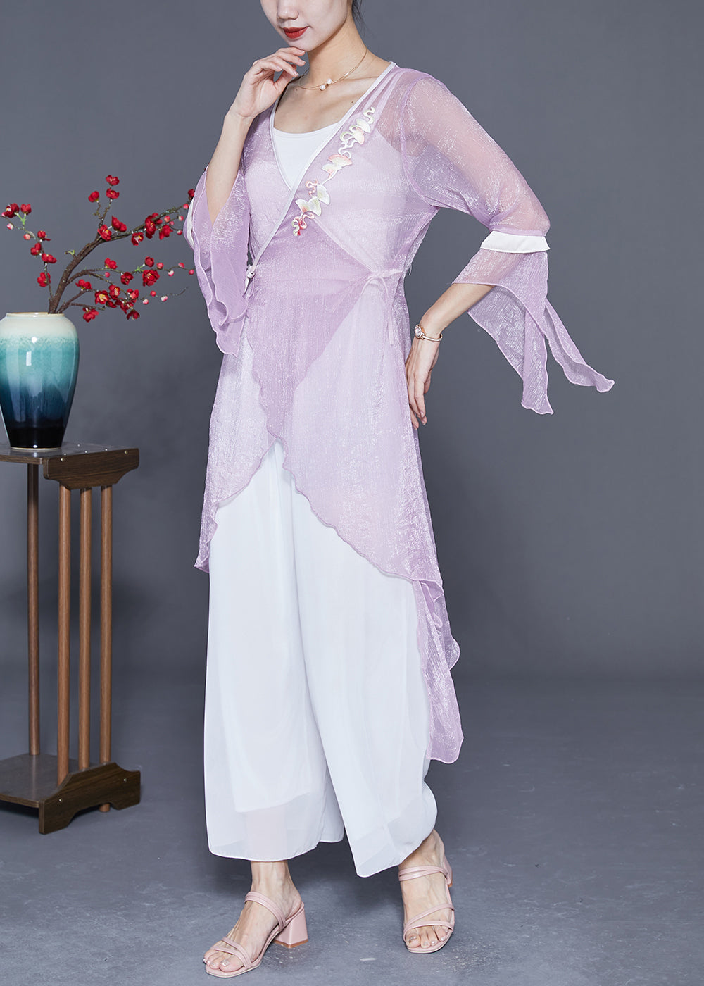 Purple Embroideried Lace Up Asymmetrical Design Tulle Tops Summer