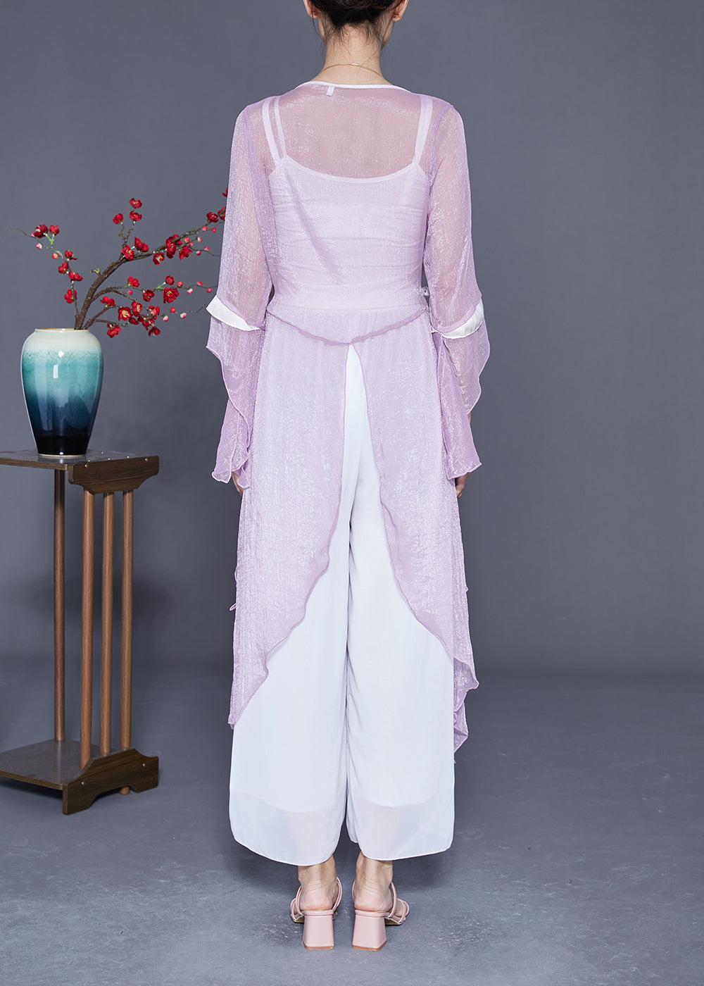 Purple Embroideried Lace Up Asymmetrical Design Tulle Tops Summer