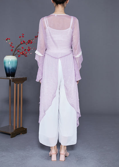 Purple Embroideried Lace Up Asymmetrical Design Tulle Tops Summer