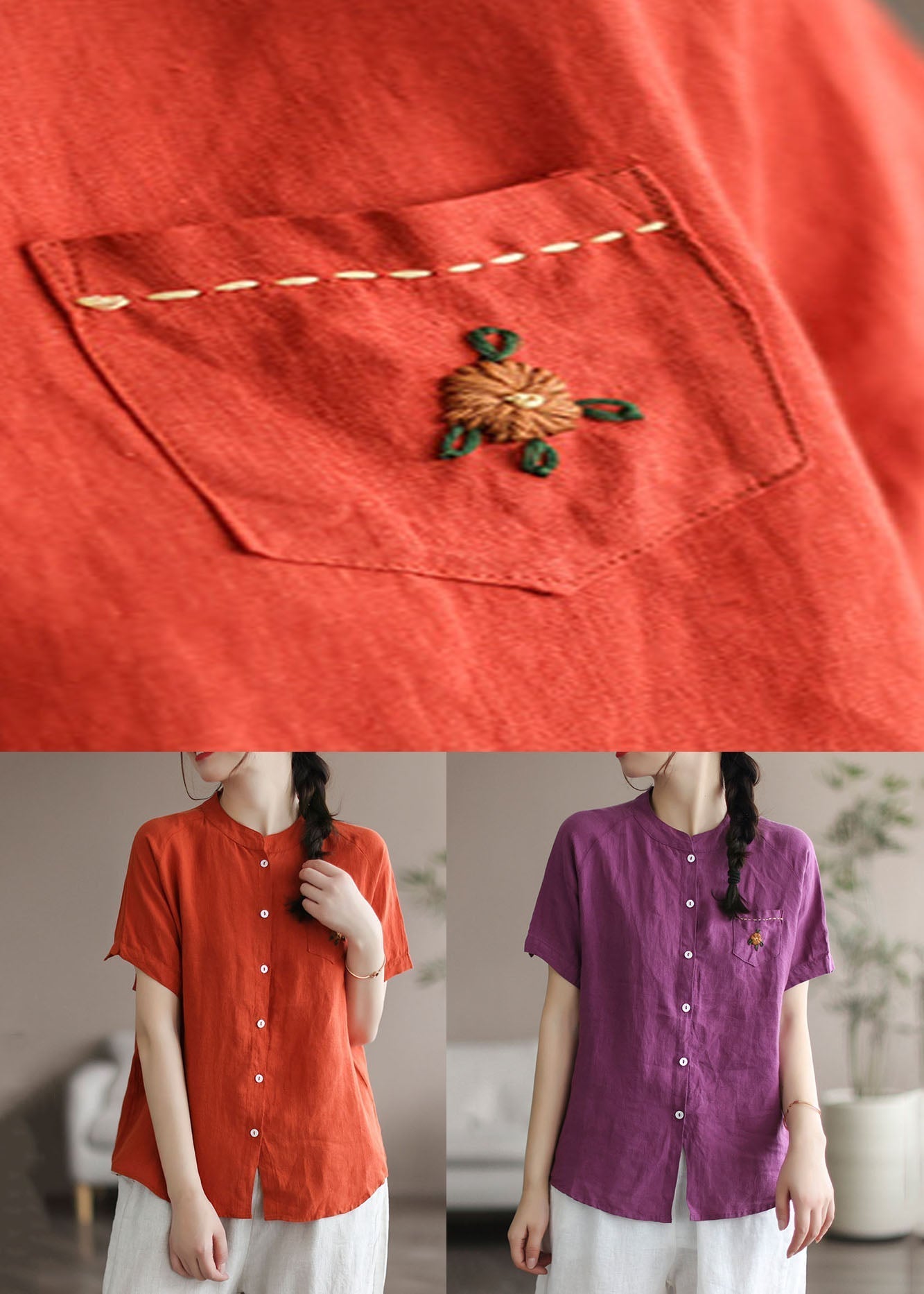 Purple Embroideried Patchwork Linen Blouse Top Summer