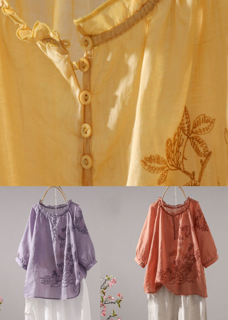 Purple Embroideried Patchwork Linen T Shirt Top Summer