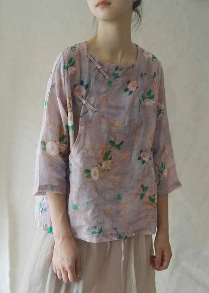 Purple O-neck Button Linen Shirt Half Sleeve