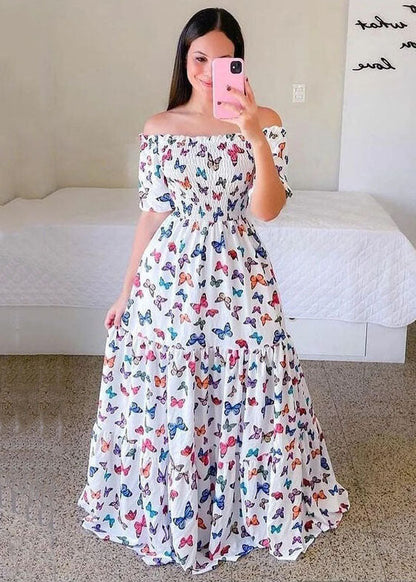 Purple Off the Shoulder Wrinkled Print Patchwork Cotton Dress Summer