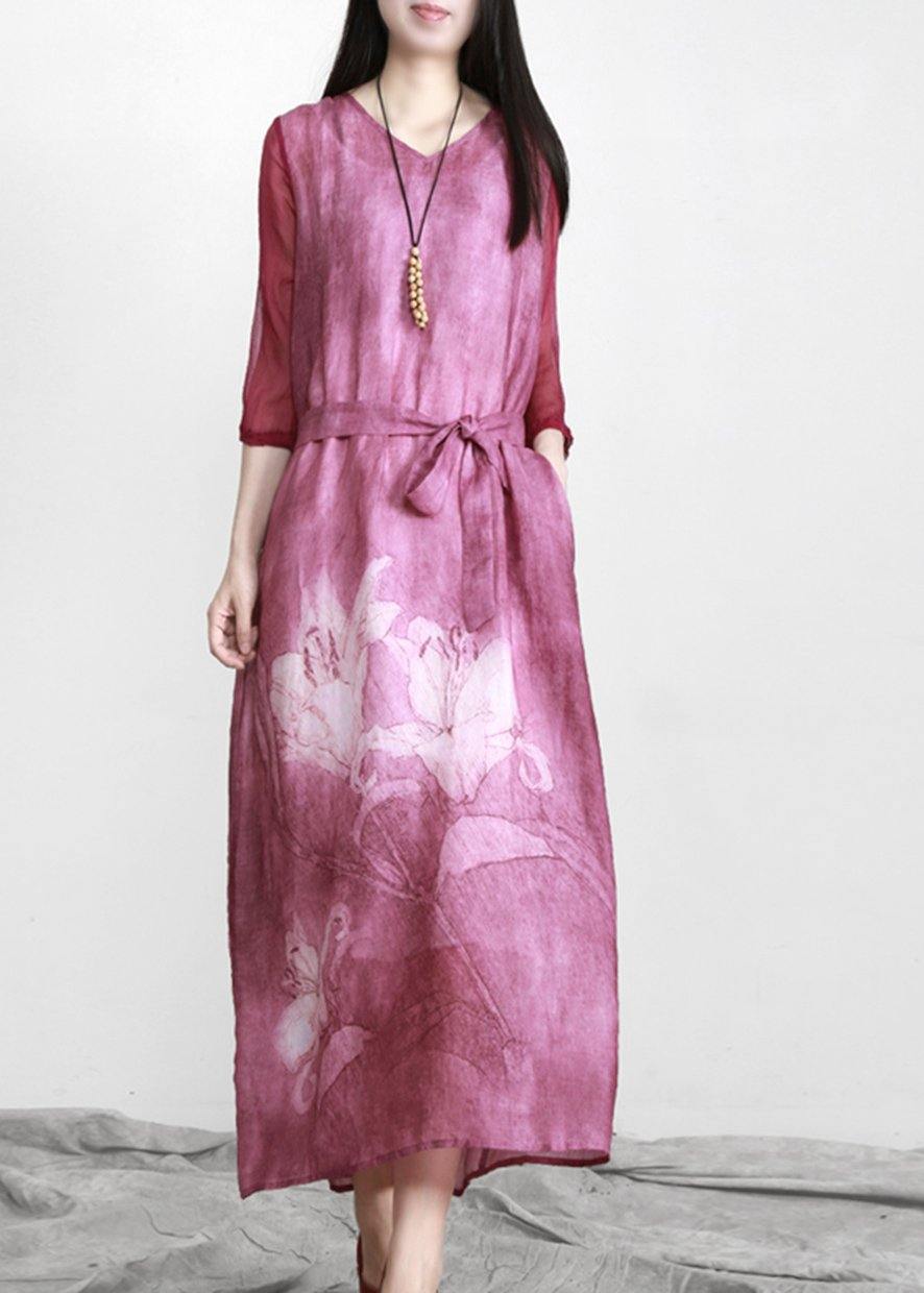 Purple Print Linen Tunic Maxi Dresses