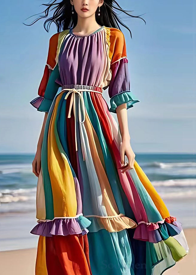 Purple Ruffled Lace Up Patchwork Chiffon Dress Half Sleeve