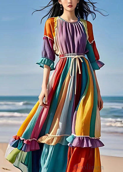 Purple Ruffled Lace Up Patchwork Chiffon Dress Half Sleeve