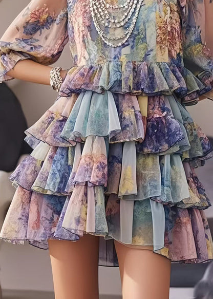 Purple Ruffles Print Chiffon Party Dresses Summer