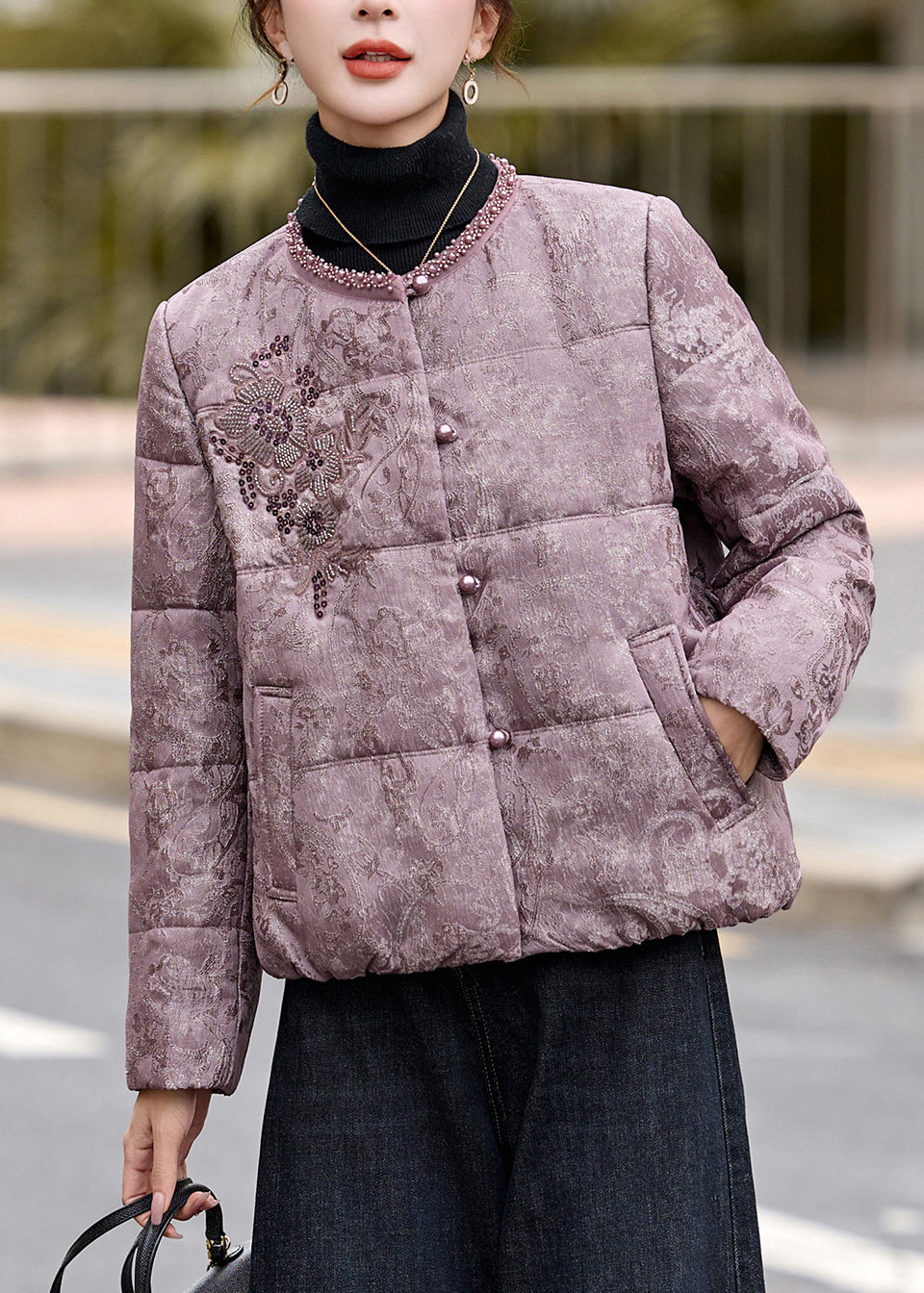 Purple Sequins Nail Bead Fine Cotton Filled Jacket in Winter