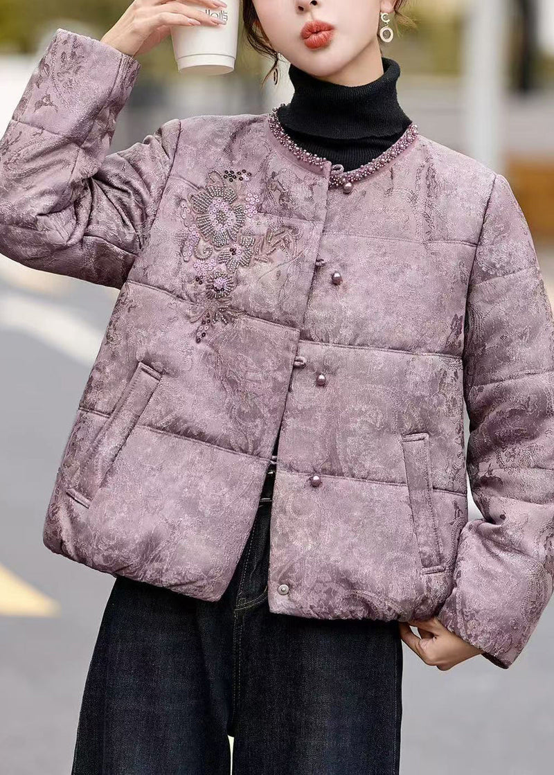 Purple Sequins Nail Bead Fine Cotton Filled Jacket in Winter