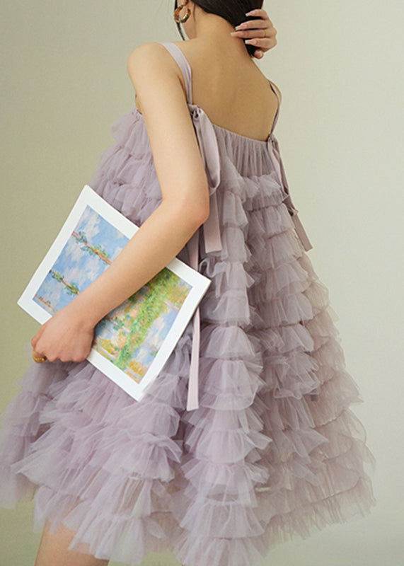 Purple Slash Neck Tulle Mid Spaghetti Strap Dress Sleeveless