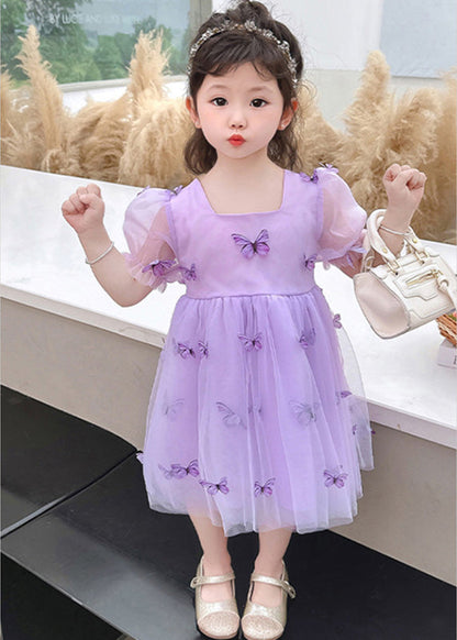 Purple Square Collar Tulle Long Dresses Summer