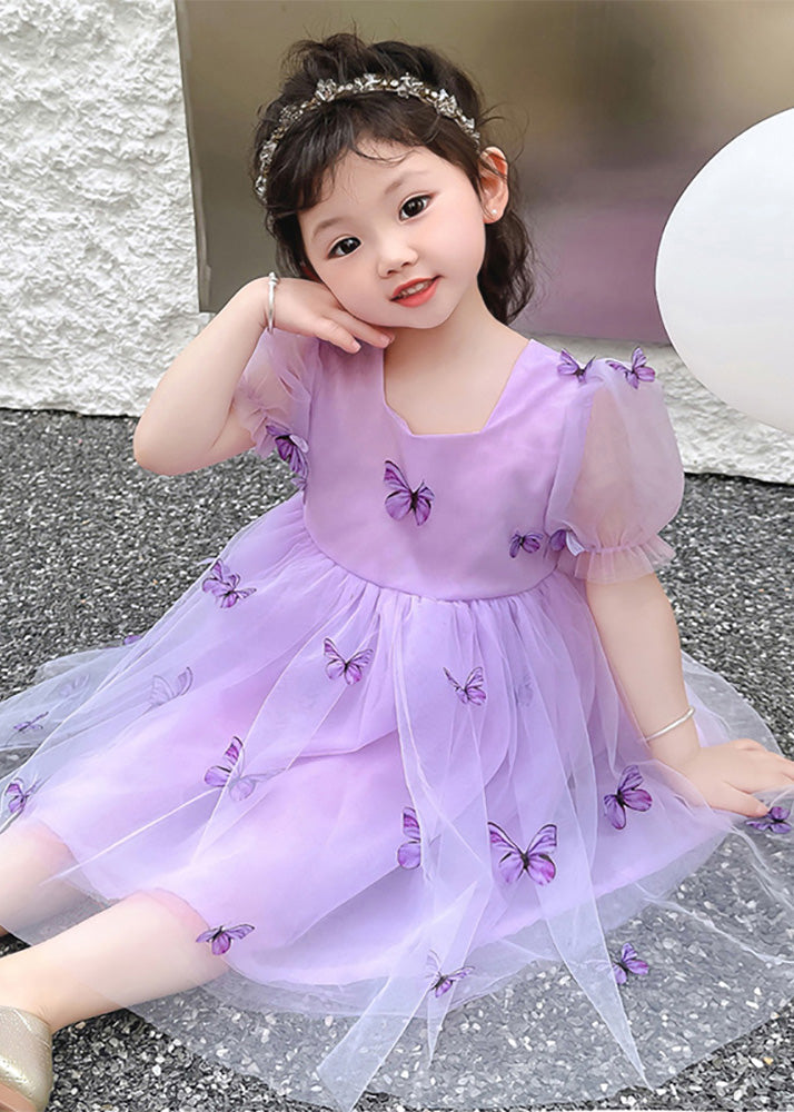 Purple Square Collar Tulle Long Dresses Summer