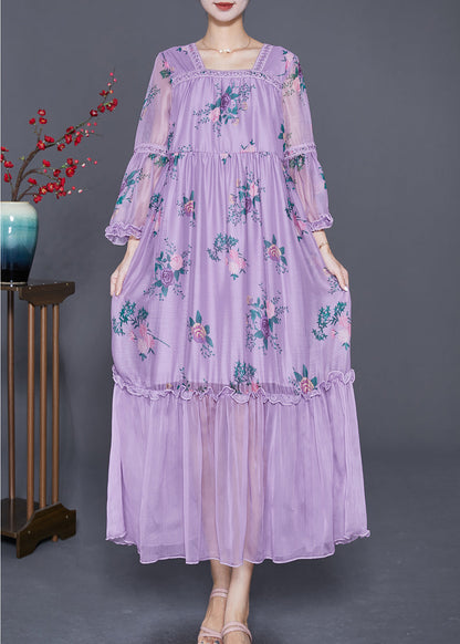 Purple Square Collar Patchwork Ruffled Silk Dresses Summer