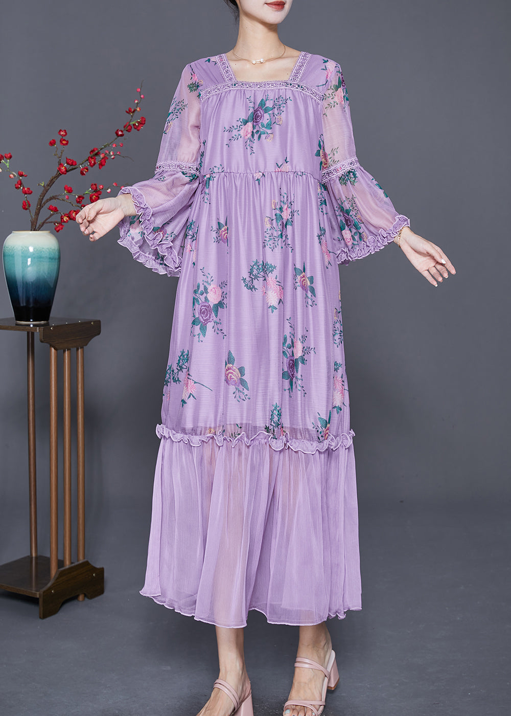 Purple Square Collar Patchwork Ruffled Silk Dresses Summer