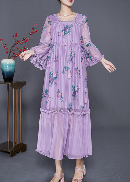 Purple Square Collar Patchwork Ruffled Silk Dresses Summer